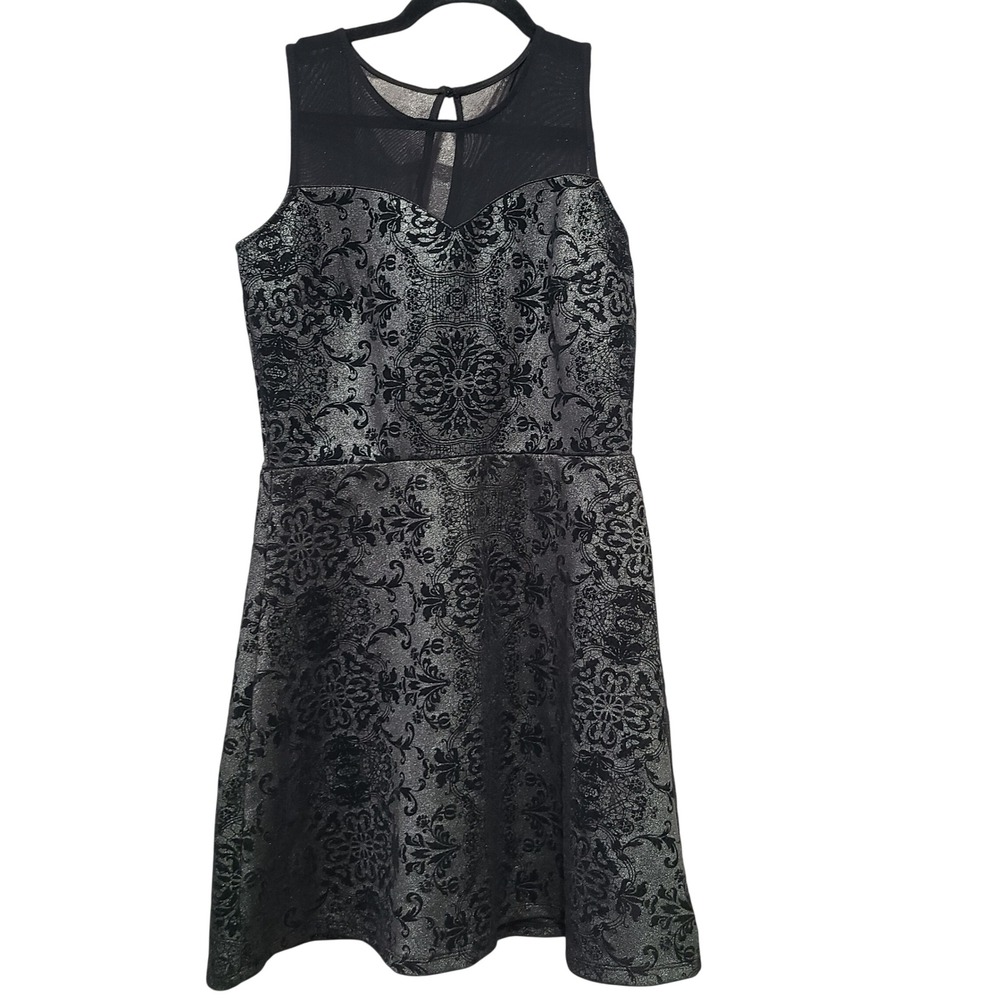 Maurices‎ Womens Small Black Silver Metallic Damask Flocked Mesh Fit Flare Dress